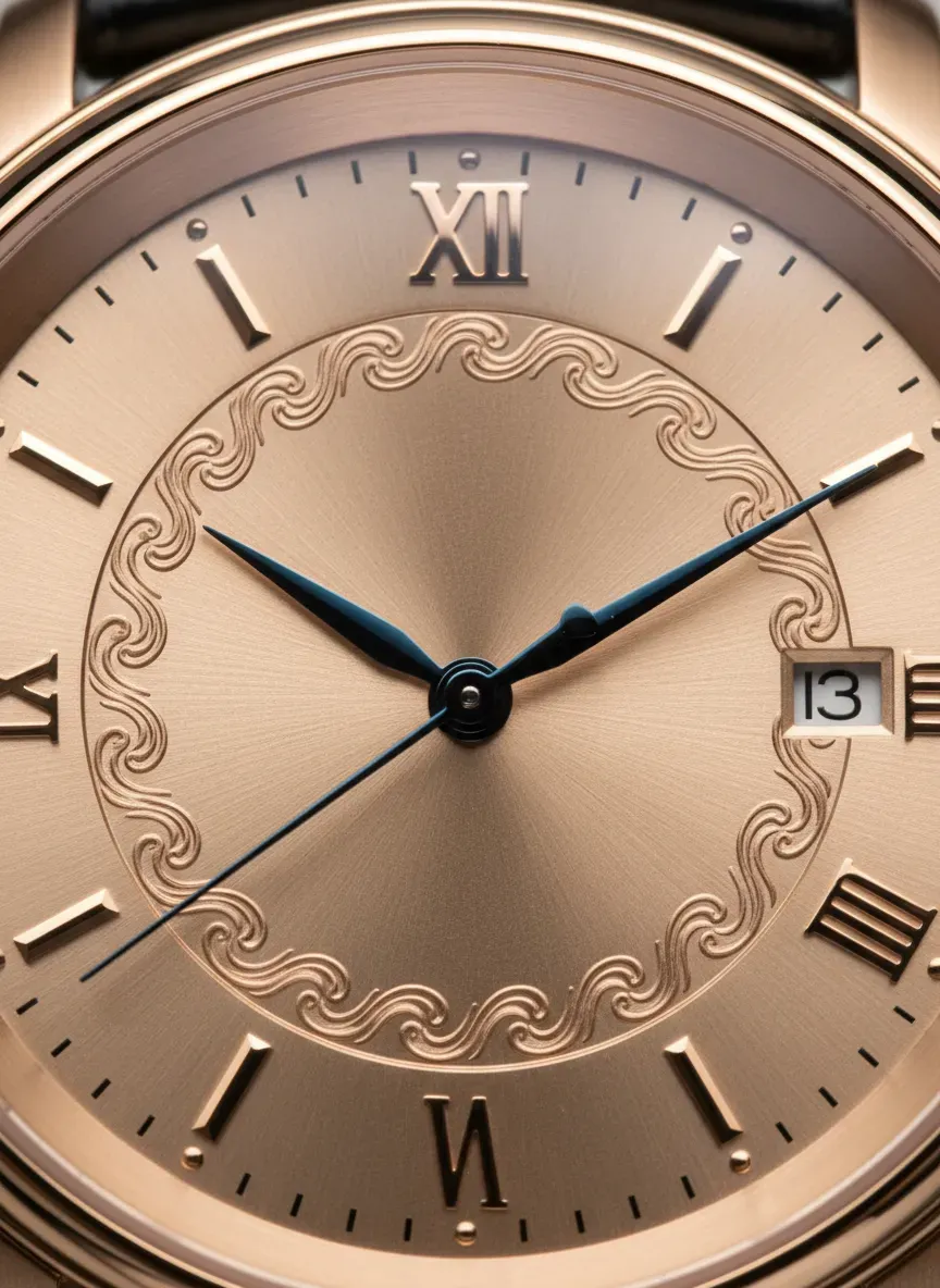 A close-up of a luxury watch dial showing intricate guilloché patterns and sweeping hands