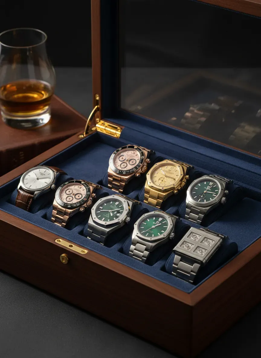 A curated collection of investment-grade timepieces resting in a velvet-lined humidor box