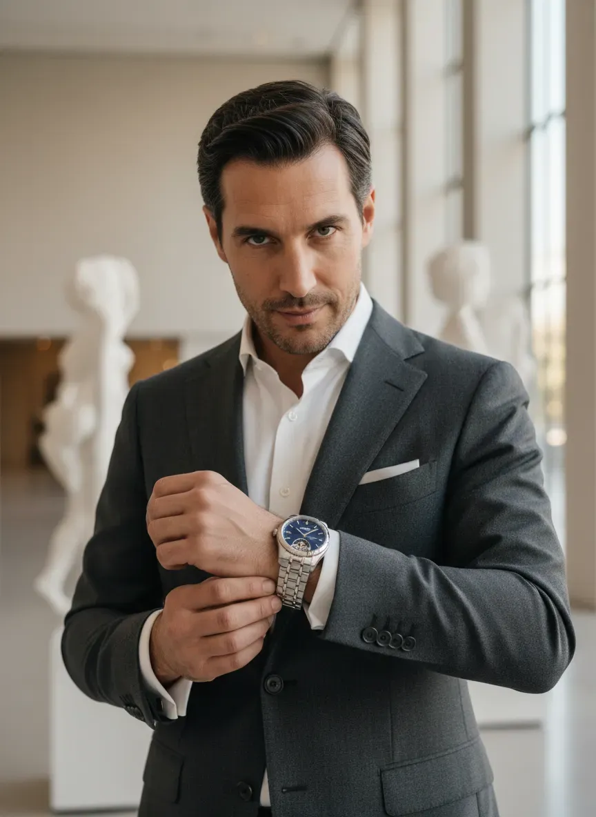 A stylish man adjusting the stainless steel bracelet of a high-end mechanical watch on his wrist