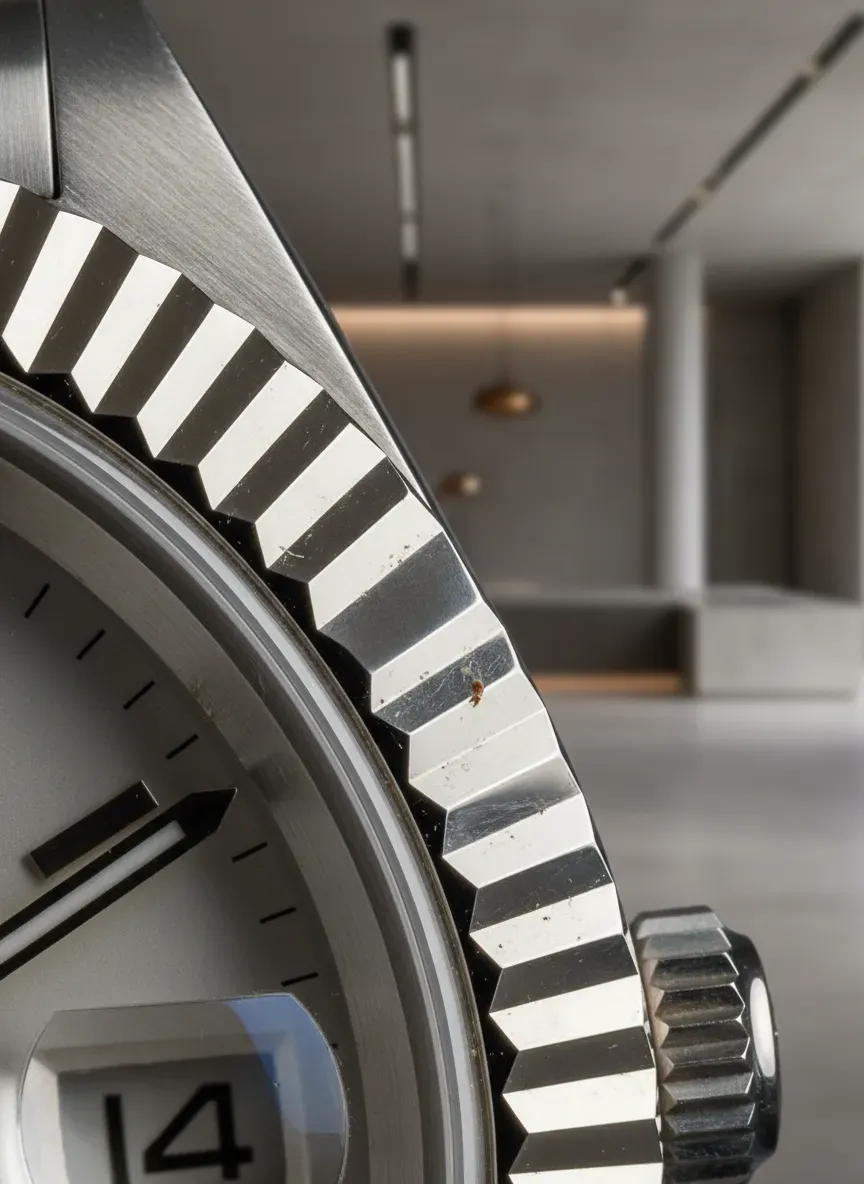 Macro shot of a Rolex fluted bezel catching the light highlighting the need for proper maintenance