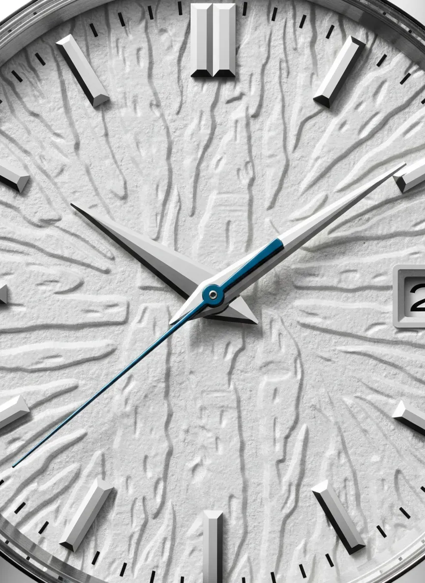 Close up of Grand Seiko Evolution 9 dial texture showing the white birch pattern