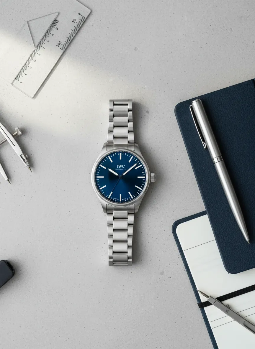 IWC Mark XX with a blue dial on a stainless steel bracelet viewed from above