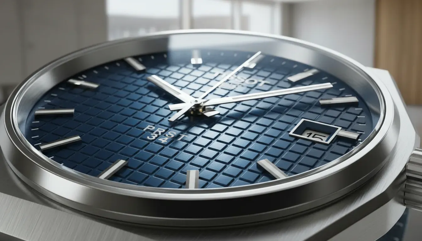 Close up of the Tissot PRX waffle dial texture reflecting light