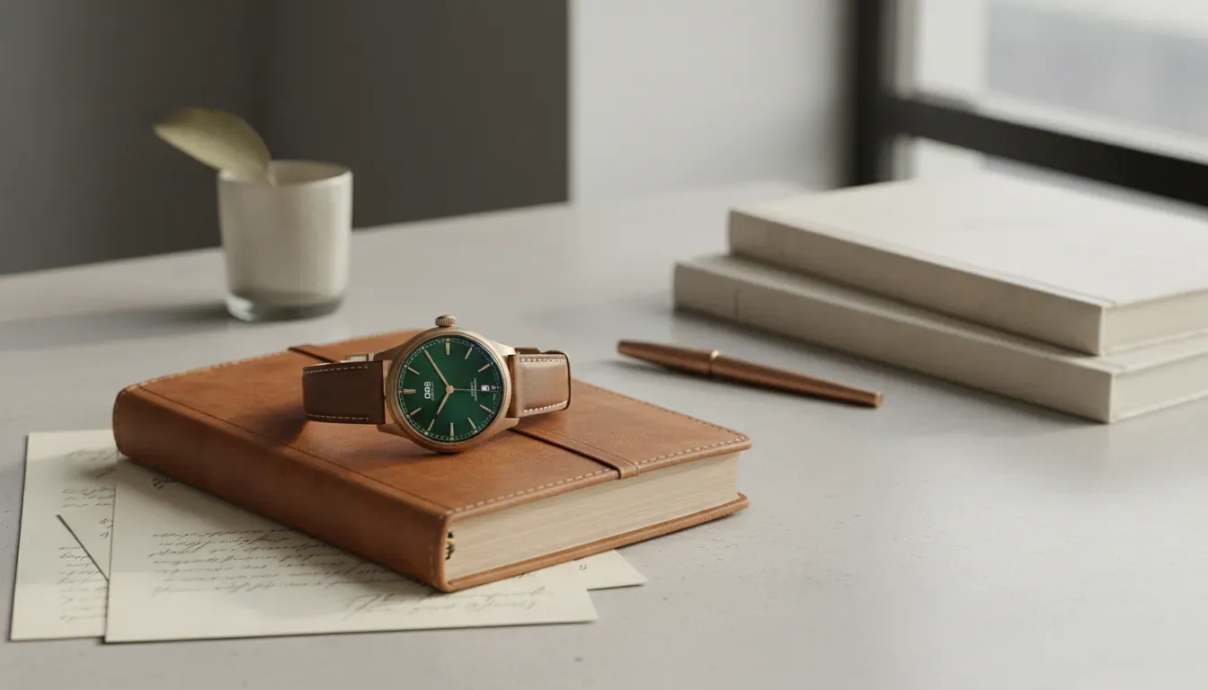 An Oris Big Crown Pointer Date watch resting on a leather bound journal