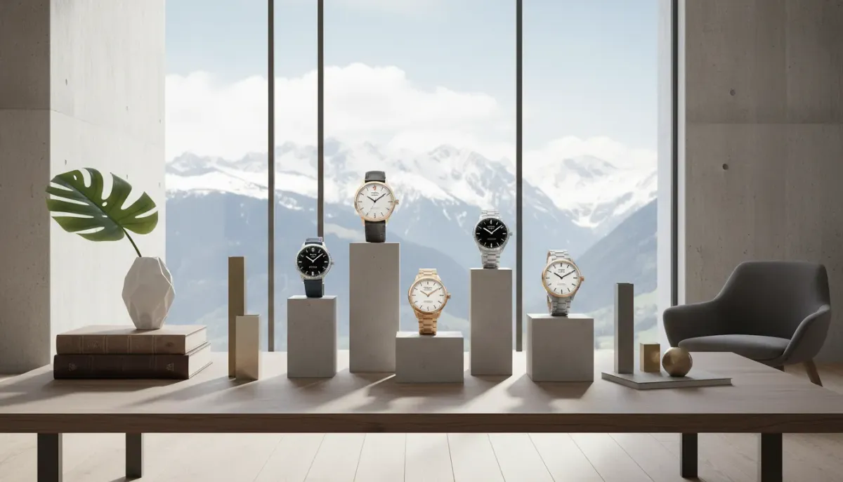 A collection of luxury Swiss automatic watches arranged on a dark wooden surface