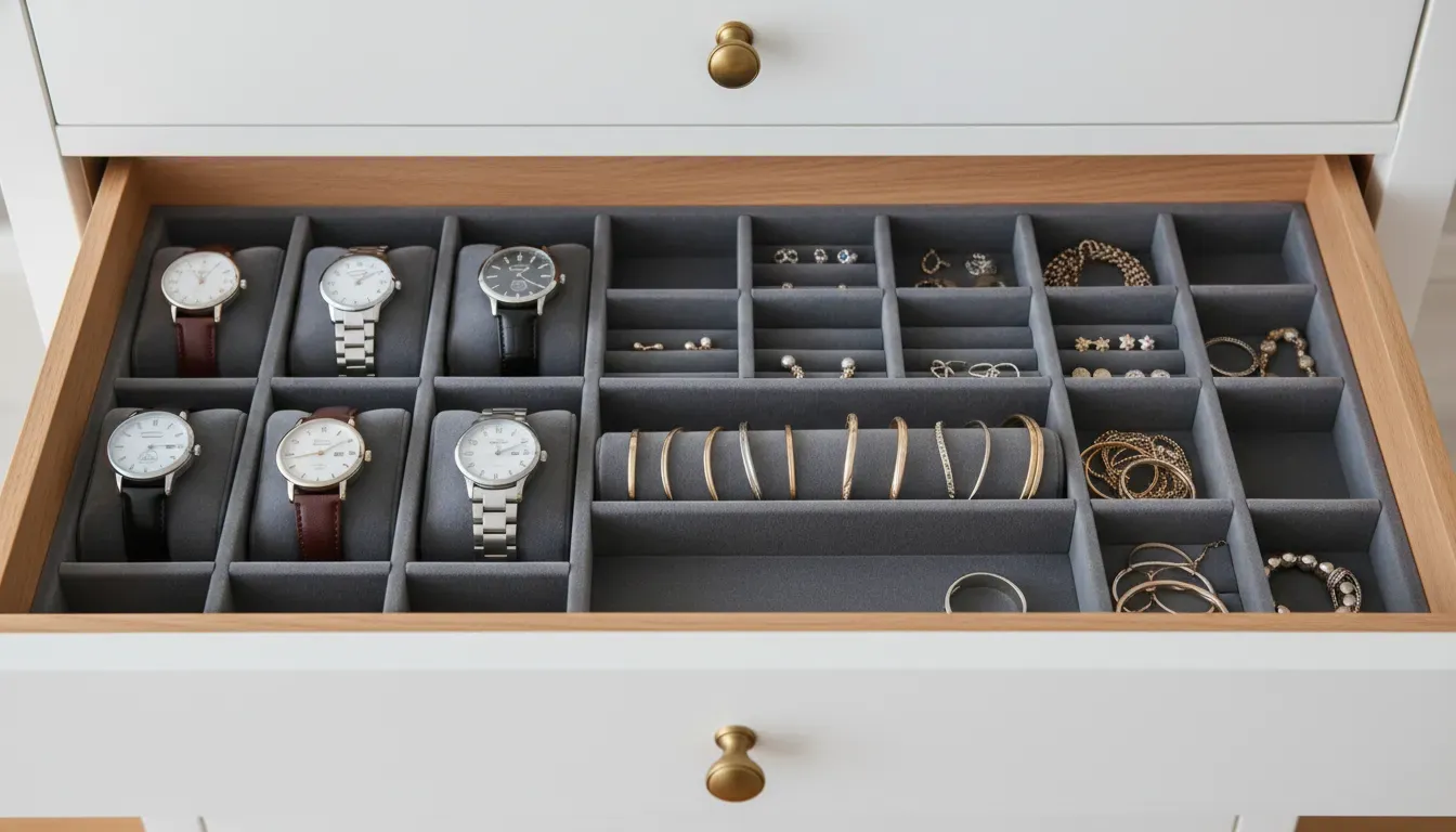 A neatly organized jewelry drawer featuring watch storage solutions