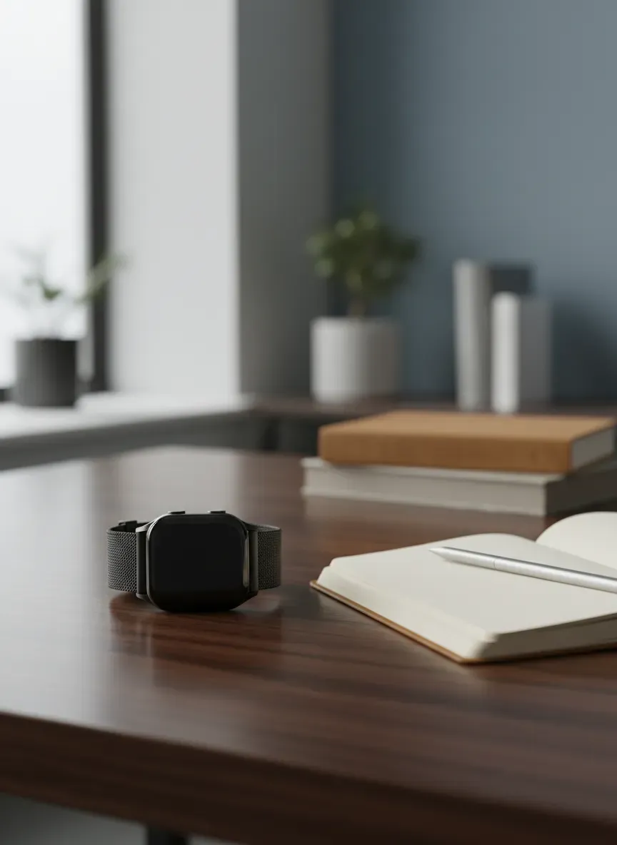A sleek, modern smartwatch resting on a polished wooden desk alongside a leather notebook
