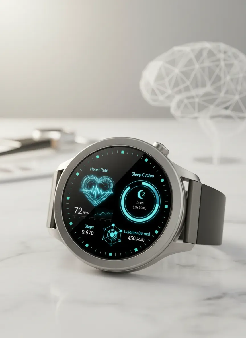 Close up of a smartwatch face displaying intricate biometric health data like heart rate and sleep cycles