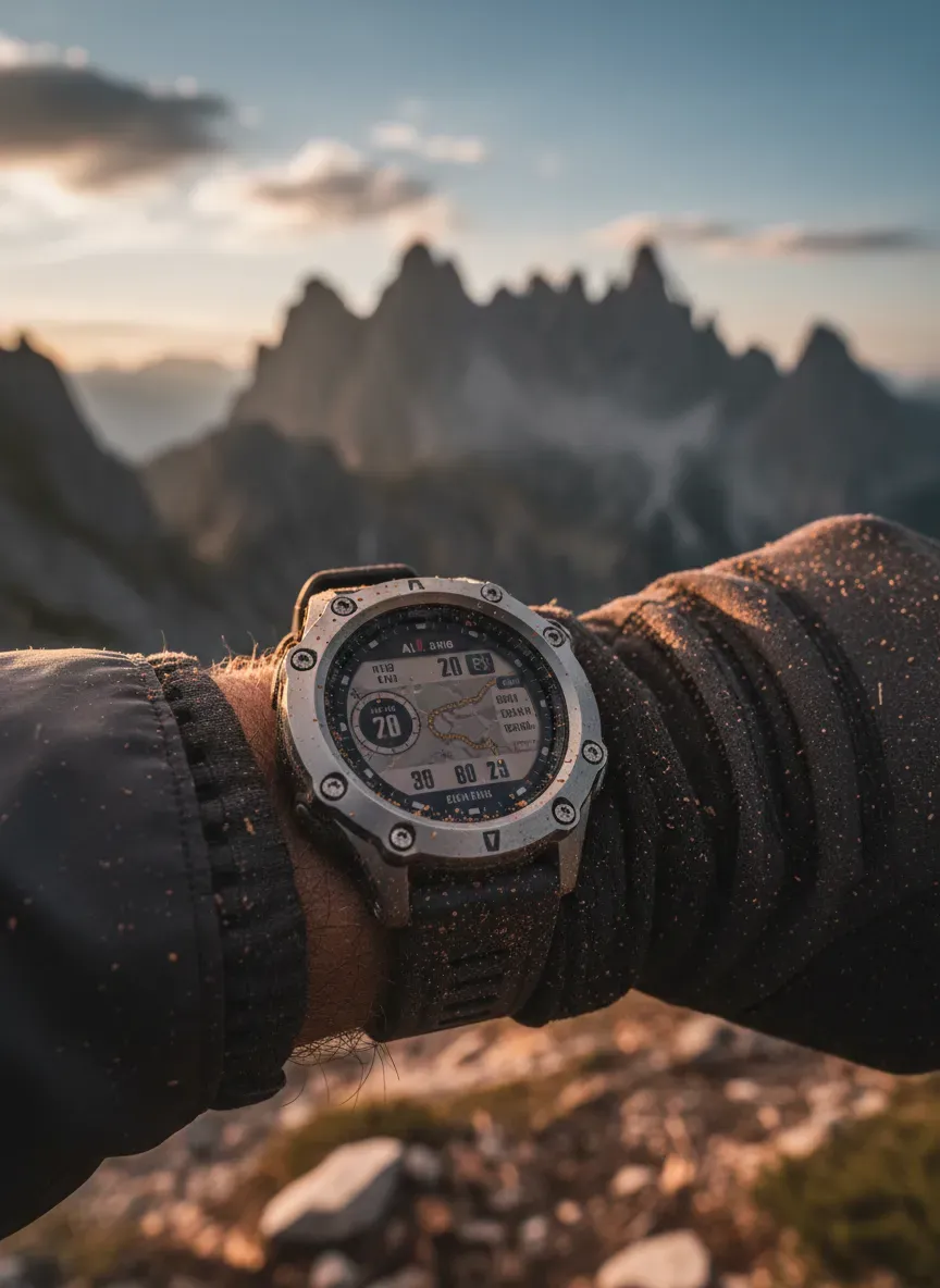 A rugged smartwatch being worn outdoors during a strenuous mountain hike, covered in a slight layer of dust