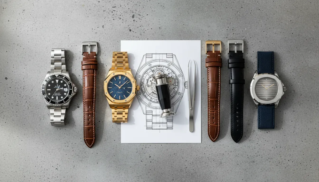 A stylized flat lay of iconic automatic luxury watches alongside premium leather straps and a loupe