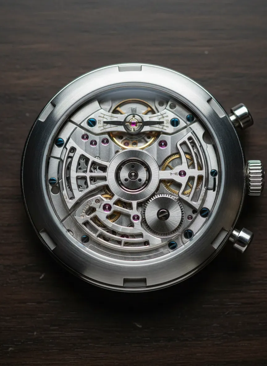 A detailed shot of a mechanical chronograph movement through a sapphire caseback