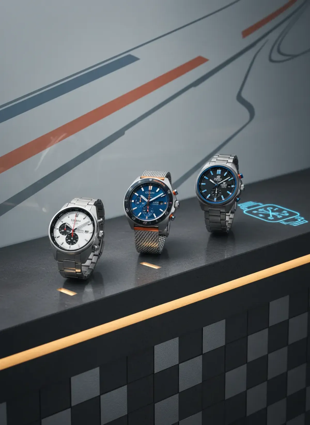 Close up of a racing chronograph watch dial featuring a tachymeter scale on a driving glove.