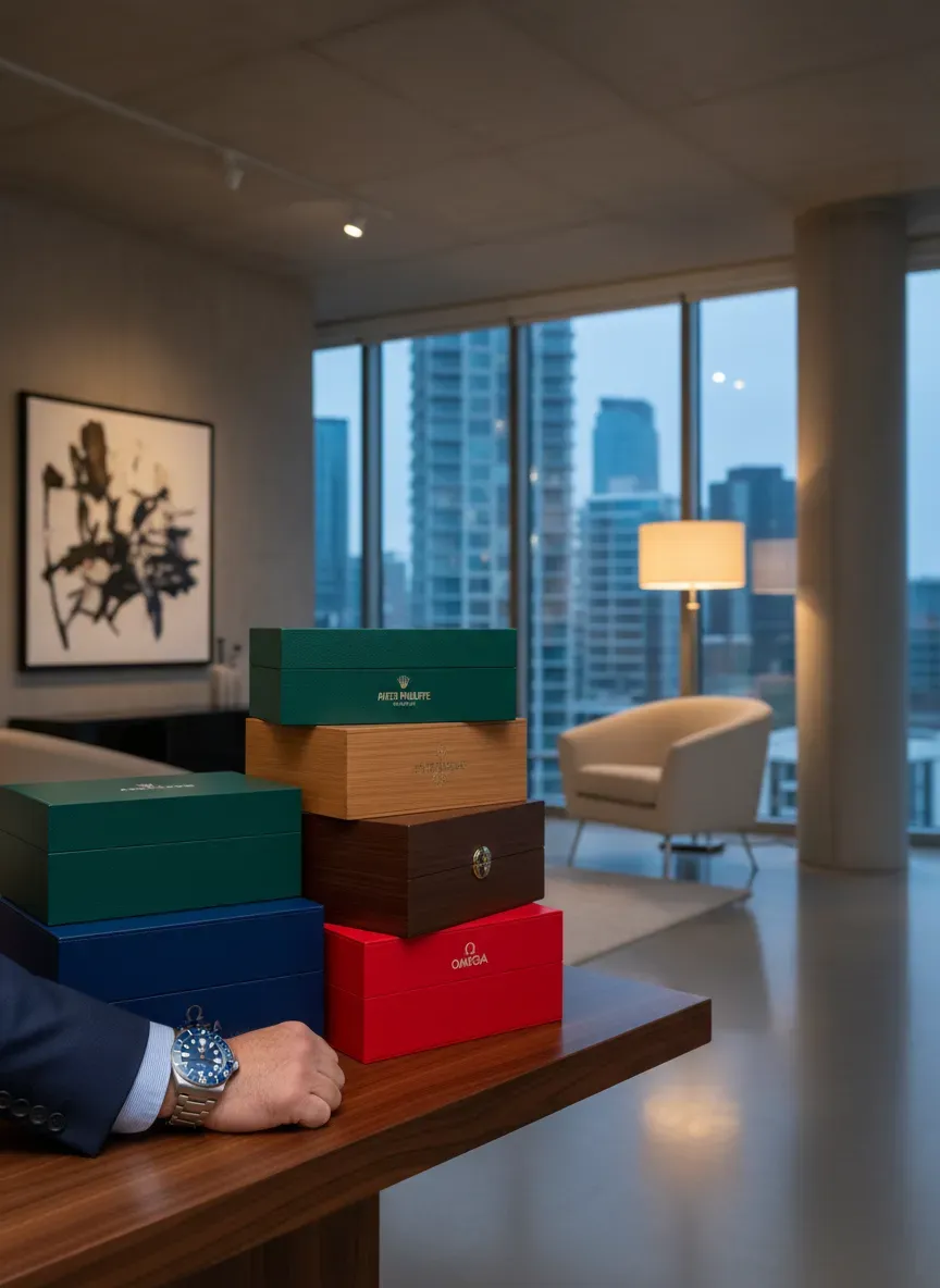 A collector wearing a Tudor Pelagos alongside a stack of luxury watch boxes
