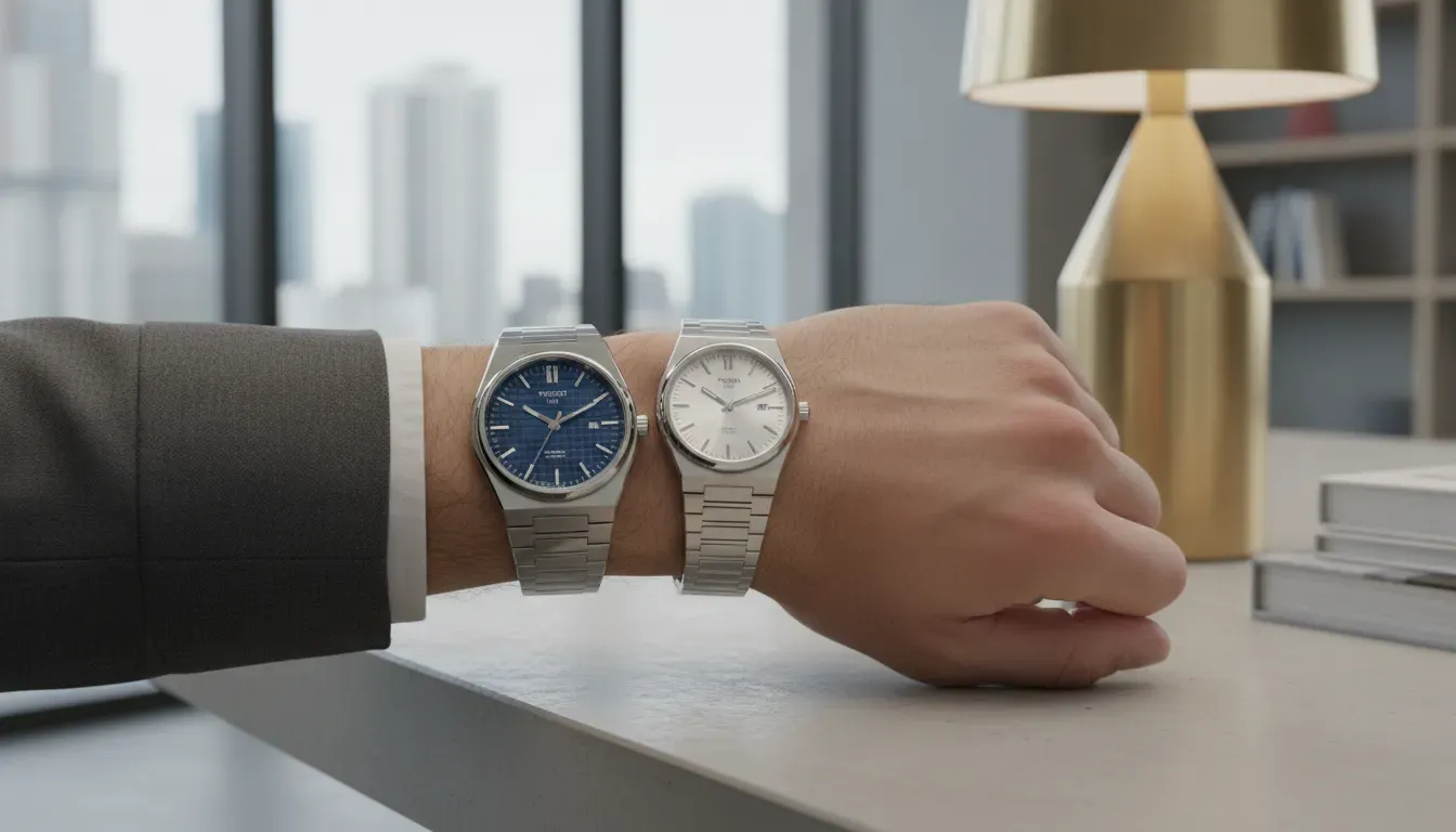 Comparison shot of the Tissot PRX 40mm and 35mm side by side on a wrist