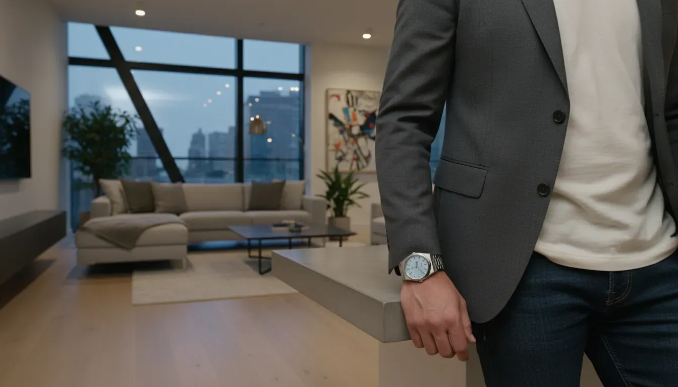 Lifestyle image of a person wearing a Tissot PRX with a suit jacket and casual wear