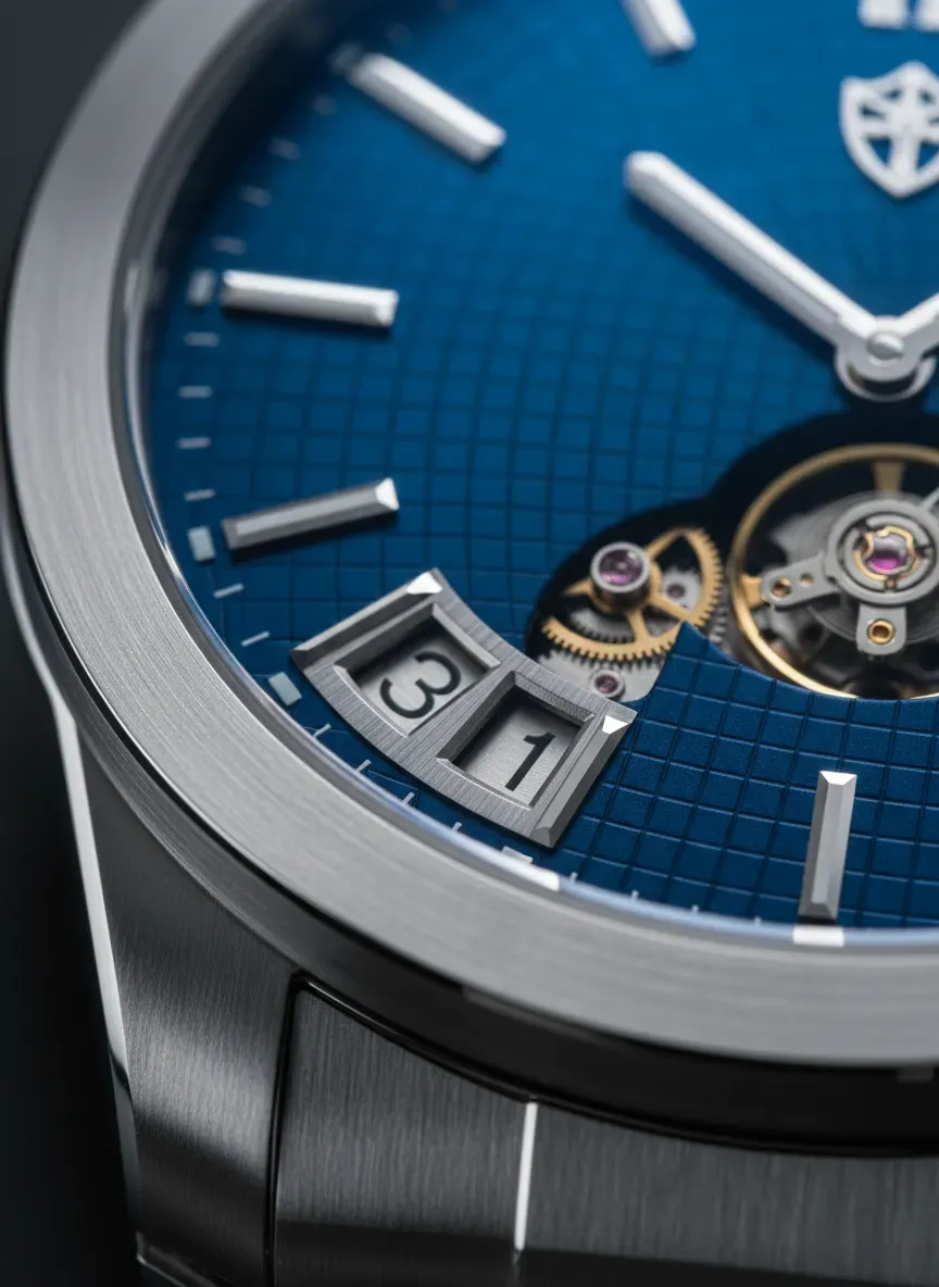 Macro shot of a mechanical watch date window changing at midnight