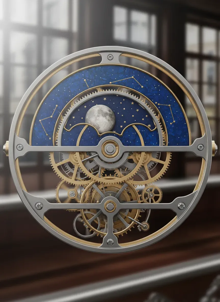 Detailed movement shot showing the gears of a moonphase complication