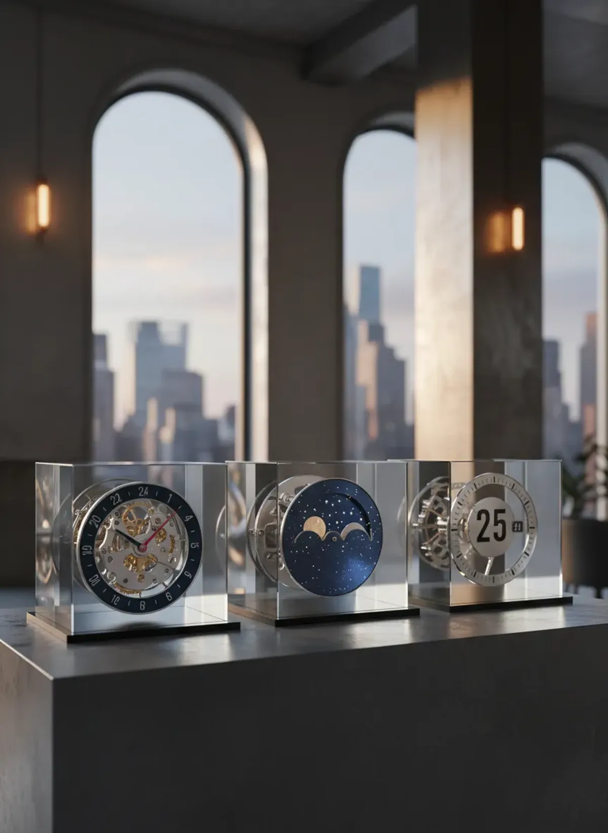 Close up of a luxury mechanical watch dial showing moonphase and date complications