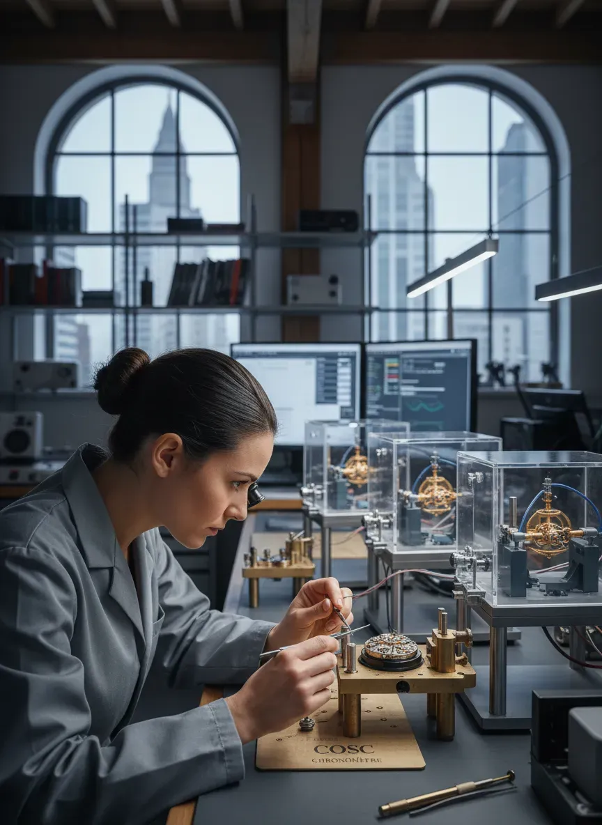 A watchmaker inspecting a movement during COSC testing