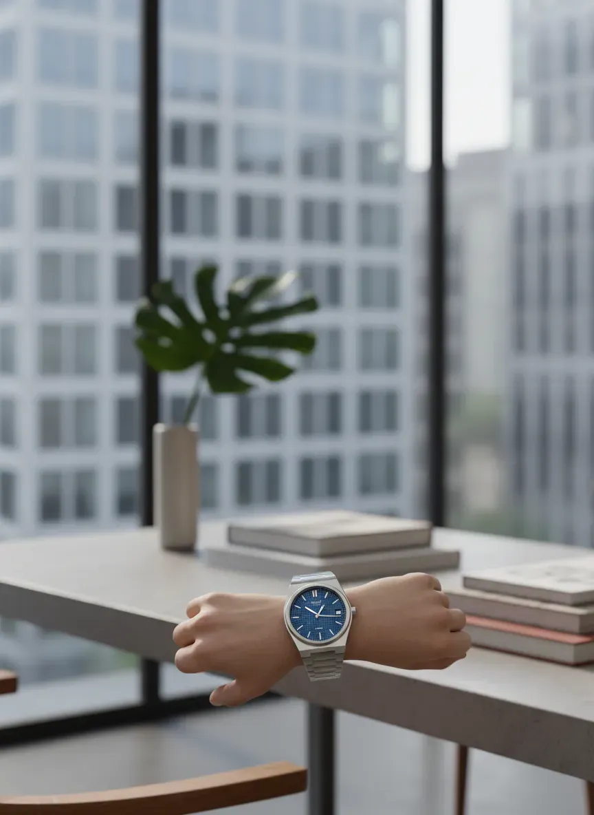 A lifestyle shot of a Tissot PRX quartz watch on a wrist