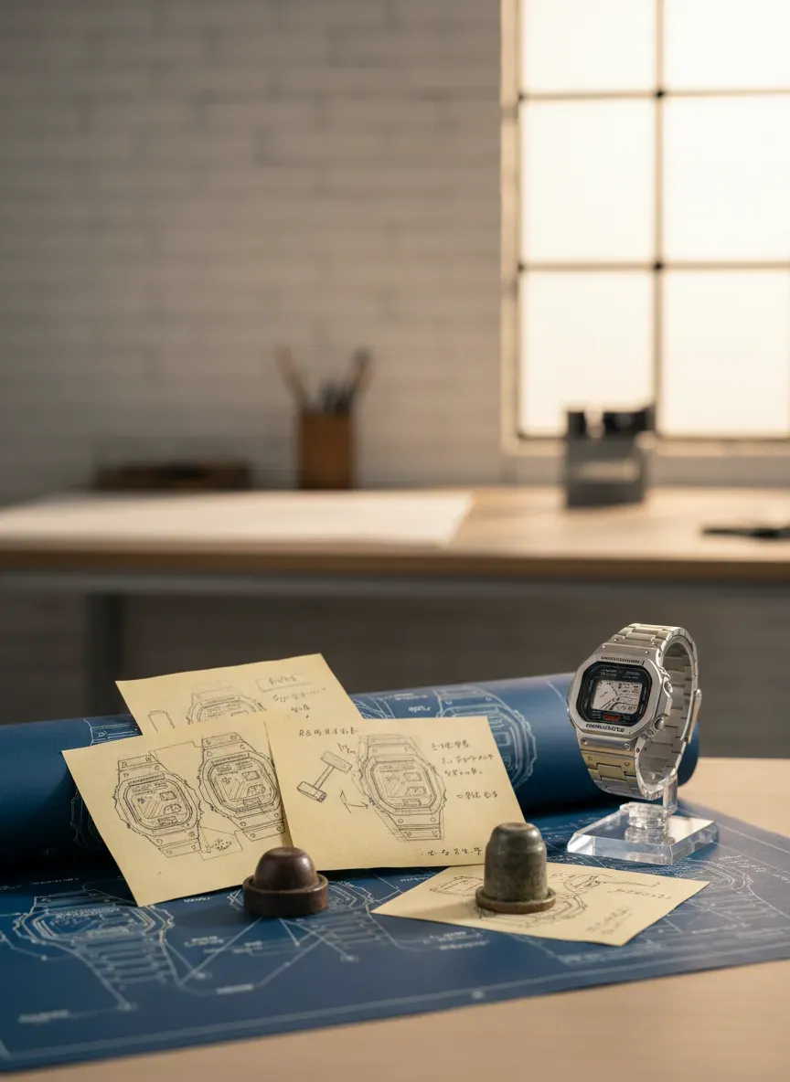 Vintage DW-5000C blueprint and Kikuo Ibe's original prototype sketches