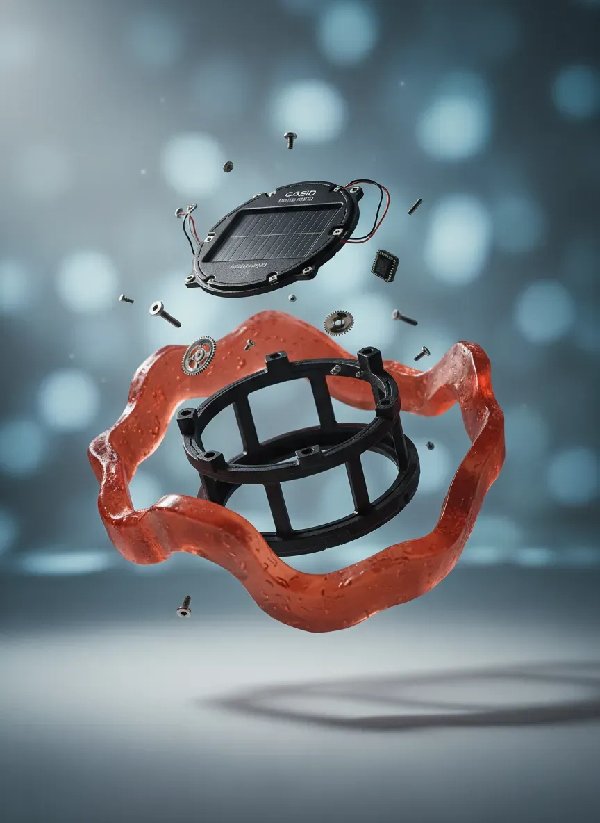 Exploded view of a G-Shock showing the hollow core structure, Alpha Gel layers, and solar panel dial