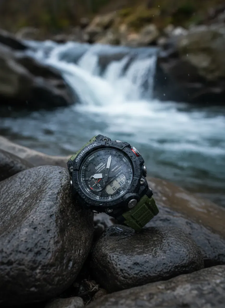 A rugged Mudmaster G-Shock resting on rocks near a rushing river, showcasing outdoor utility