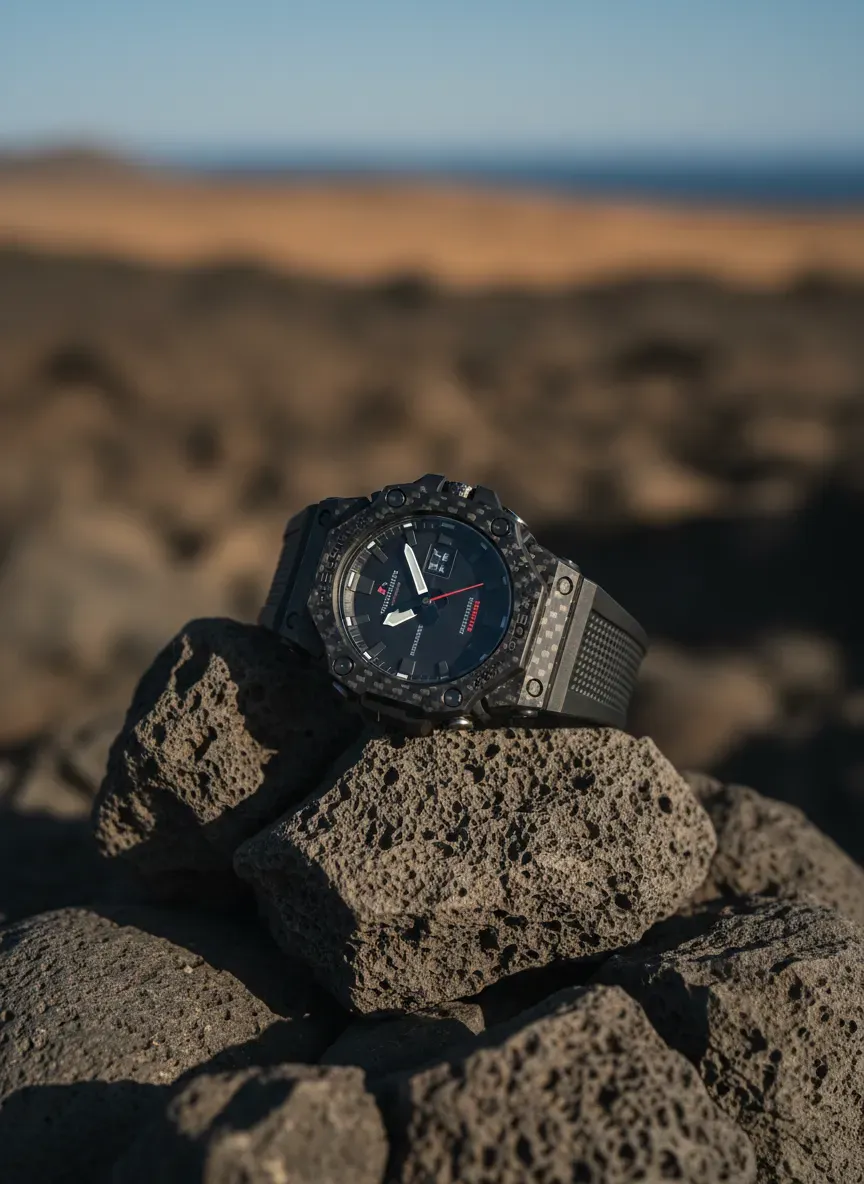 A rugged G-Shock resting on dark basalt rocks showcasing carbon core materials