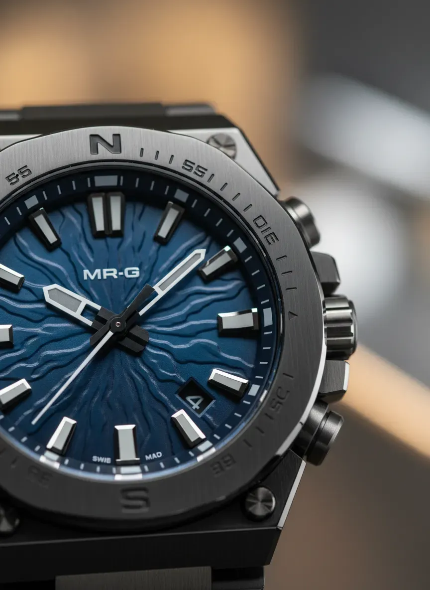 Close-up of the textured dial and titanium bezel of a premium 2026 G-Shock MR-G