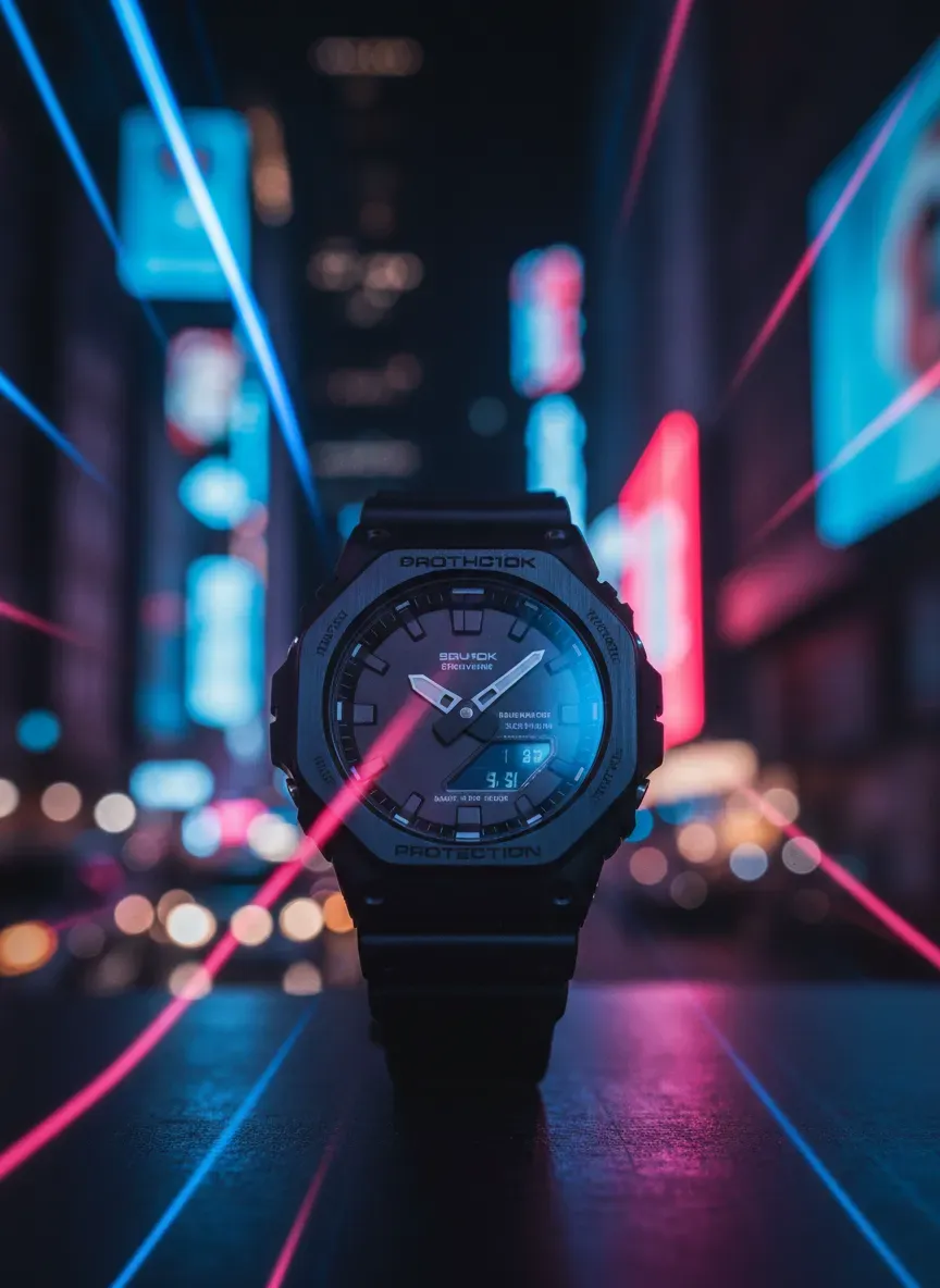 A sleek, octagonal G-Shock 2100 series watch illuminated by neon city lights