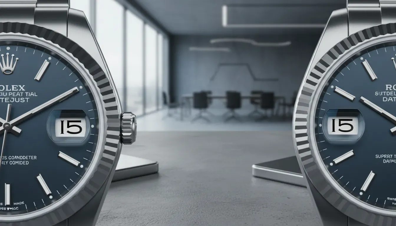 Close up of a Rolex date window showing correct 2.5x magnification versus a 1.5x fake