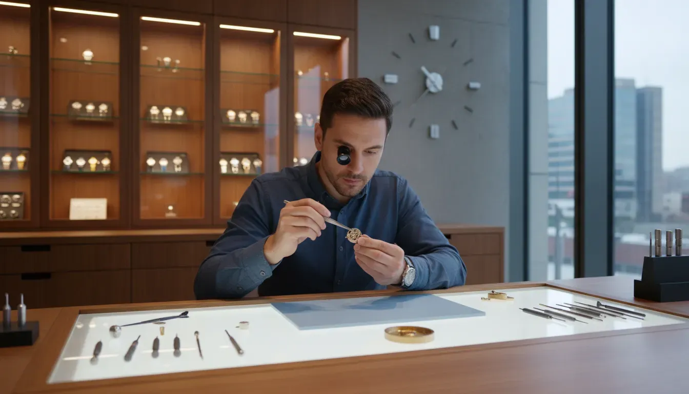 A professional watchmaker inspecting a movement with specialized tools