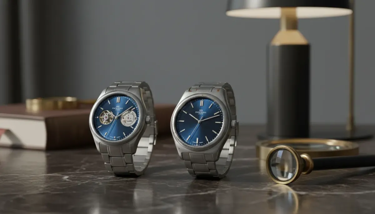 Close up macro shot of a luxury watch dial being inspected with a loupe for authenticity