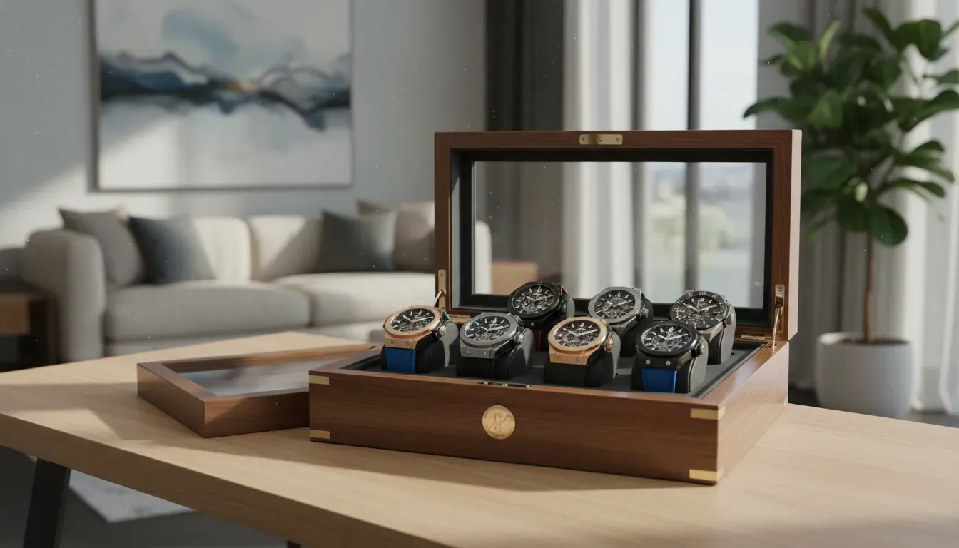 A beautifully organized wooden display box showing a collection of modern hublot watches in a home setting