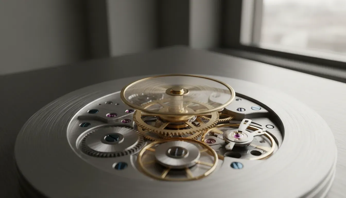 Close up of a mechanical watch movement showing gears and balance wheel