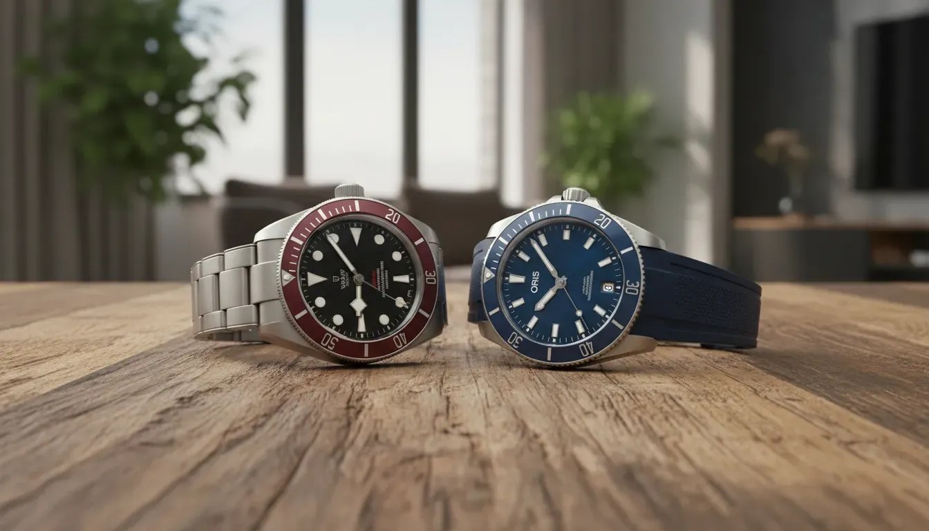 A side-by-side comparison of a Tudor Black Bay and an Oris Aquis on a wooden table