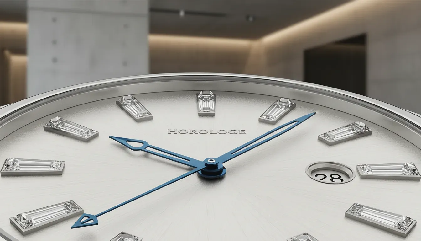 A macro shot of a luxury watch dial focusing on the texture and hands