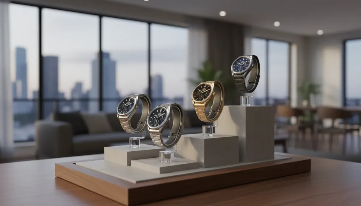 A collection of entry-level luxury watches including Hamilton and Oris displayed on a leather watch roll.