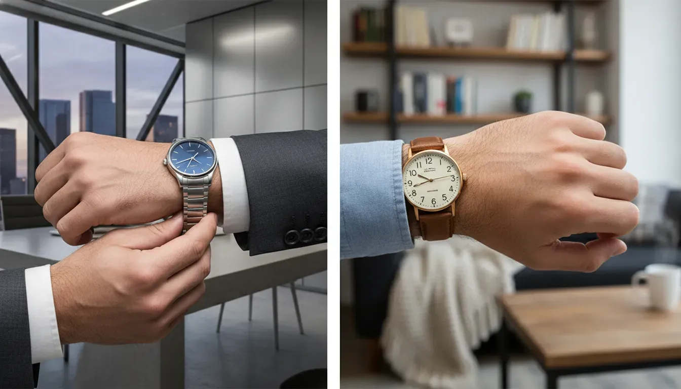 A man in a business suit adjusting a stainless steel watch cuff, contrasting with a second image of a casual outfit featuring a leather strap watch.