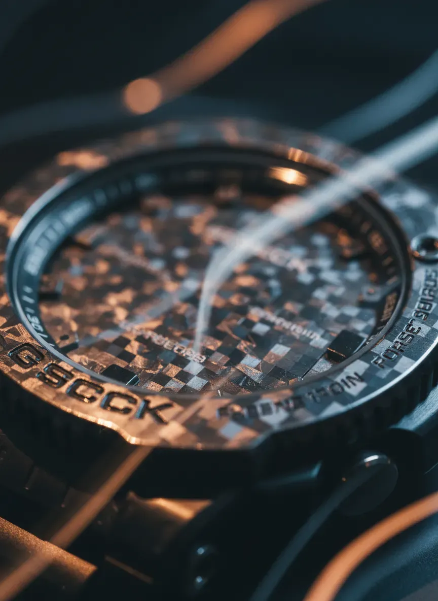 A macro shot of a forged carbon G-Shock bezel reflecting low studio lighting