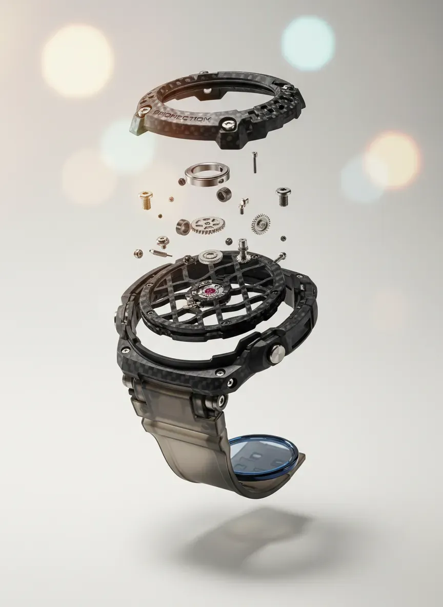An intricate exploded view of the Carbon Core Guard structure within a premium G-Shock case
