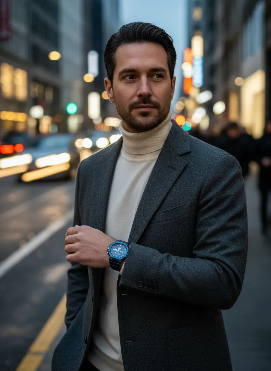 A beautifully styled limited edition G-Shock worn with a tailored casual jacket on a city street