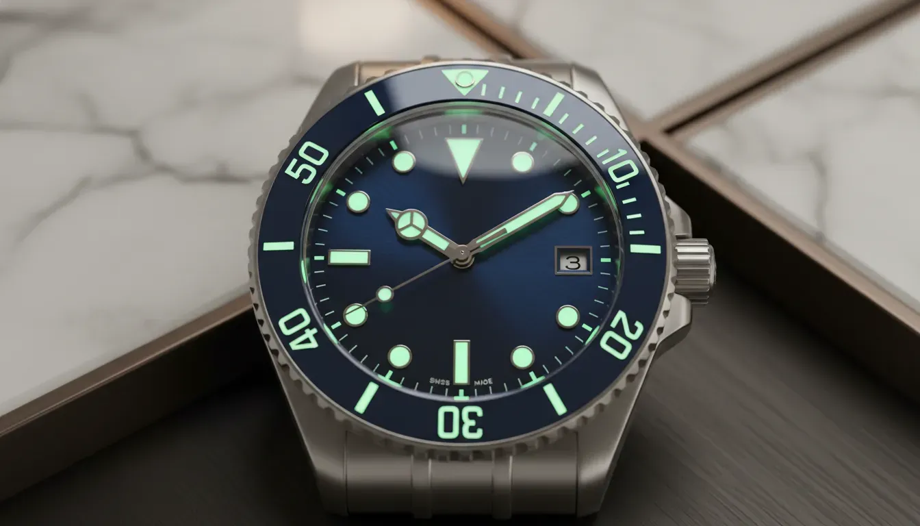 Close up of a luxury dive watch face showing luminescent hands and a ceramic bezel