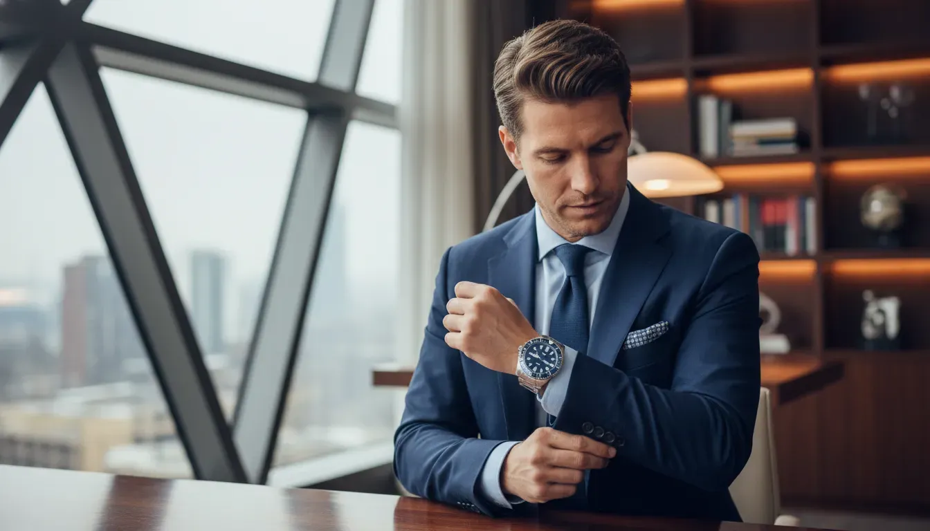 A stylish man adjusting his cuffs, revealing a sleek silver dive watch with a blue dial