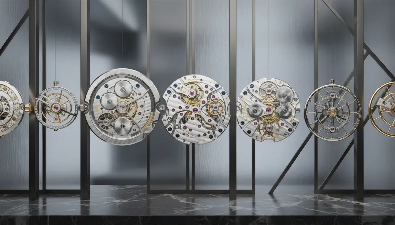 Close up of mechanical movements from elite luxury watch brands