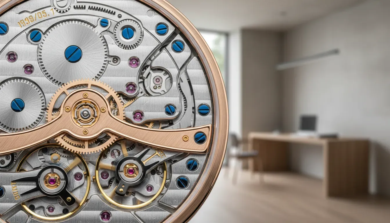 Close up of a Swiss luxury watch movement with exposed gears