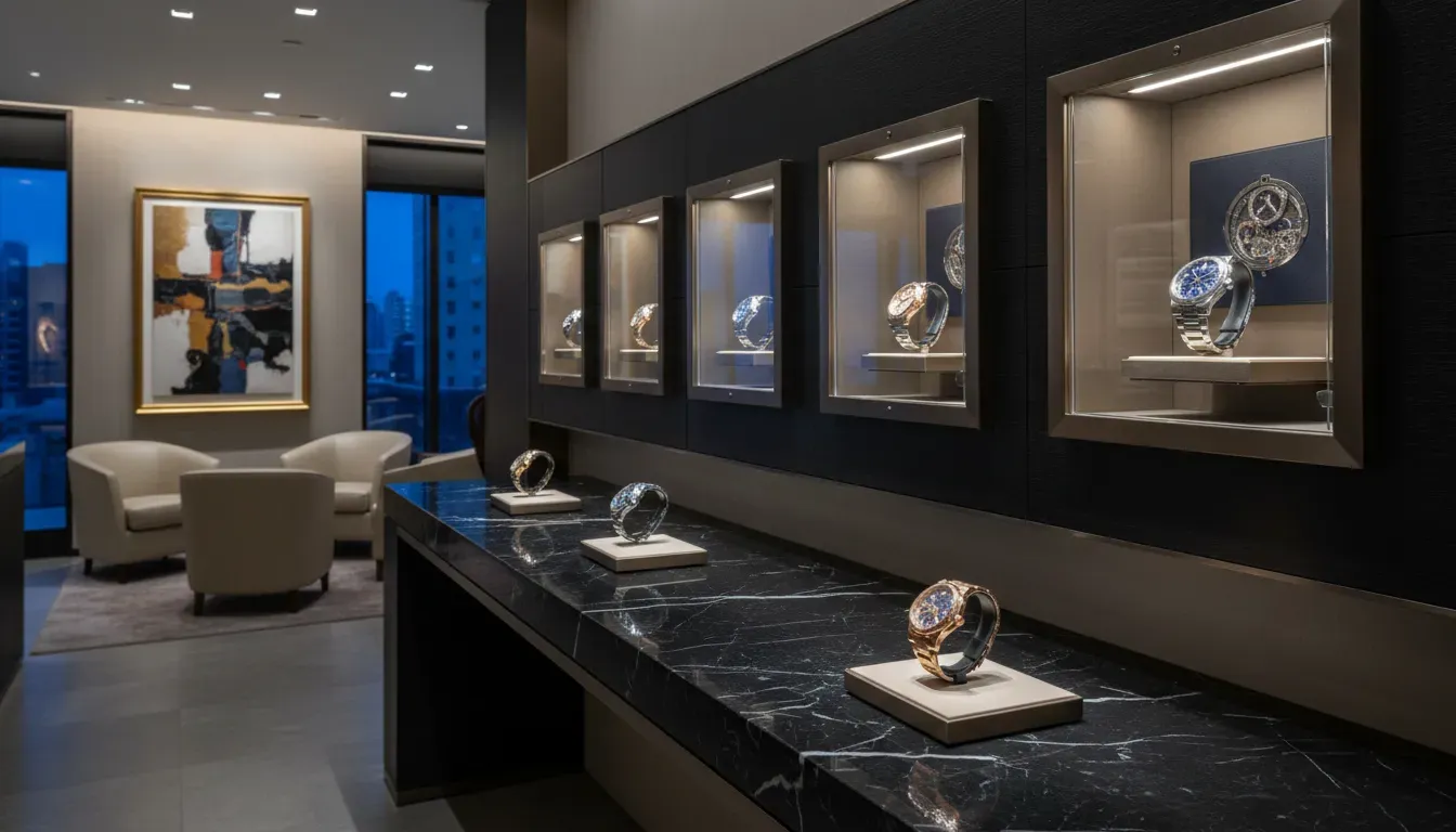 Display of several luxury mechanical watches in a premium boutique