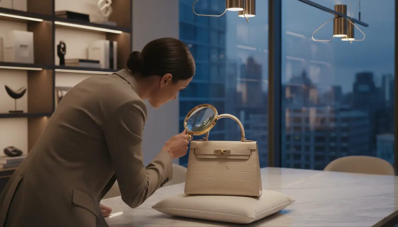 A person inspecting a luxury handbag with a magnifying glass for authenticity