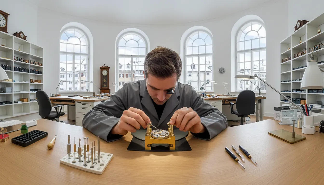 Watchmaker working on a Nomos movement in the Glashütte workshop