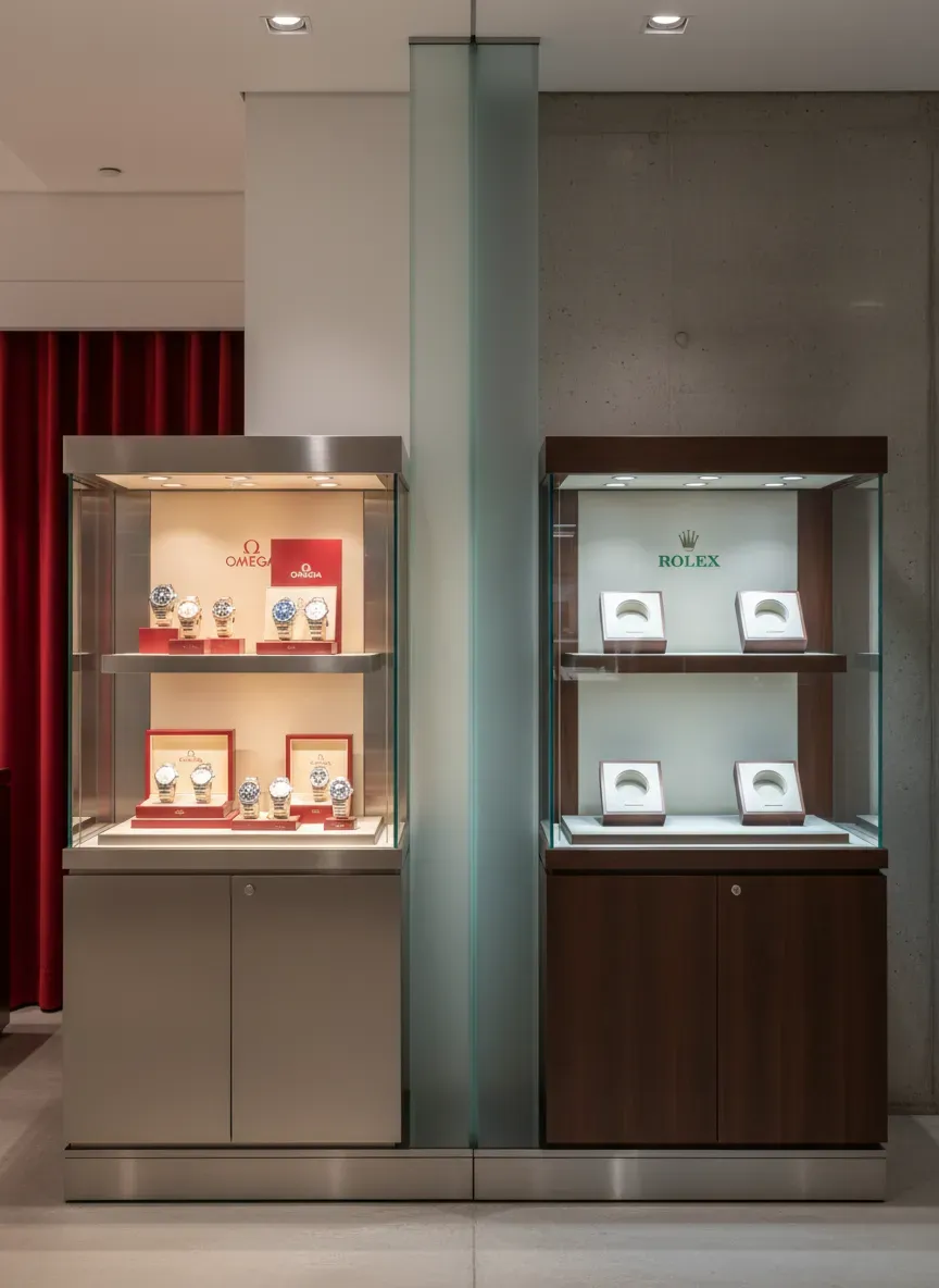 A side by side view of an Omega boutique display and an empty Rolex display case
